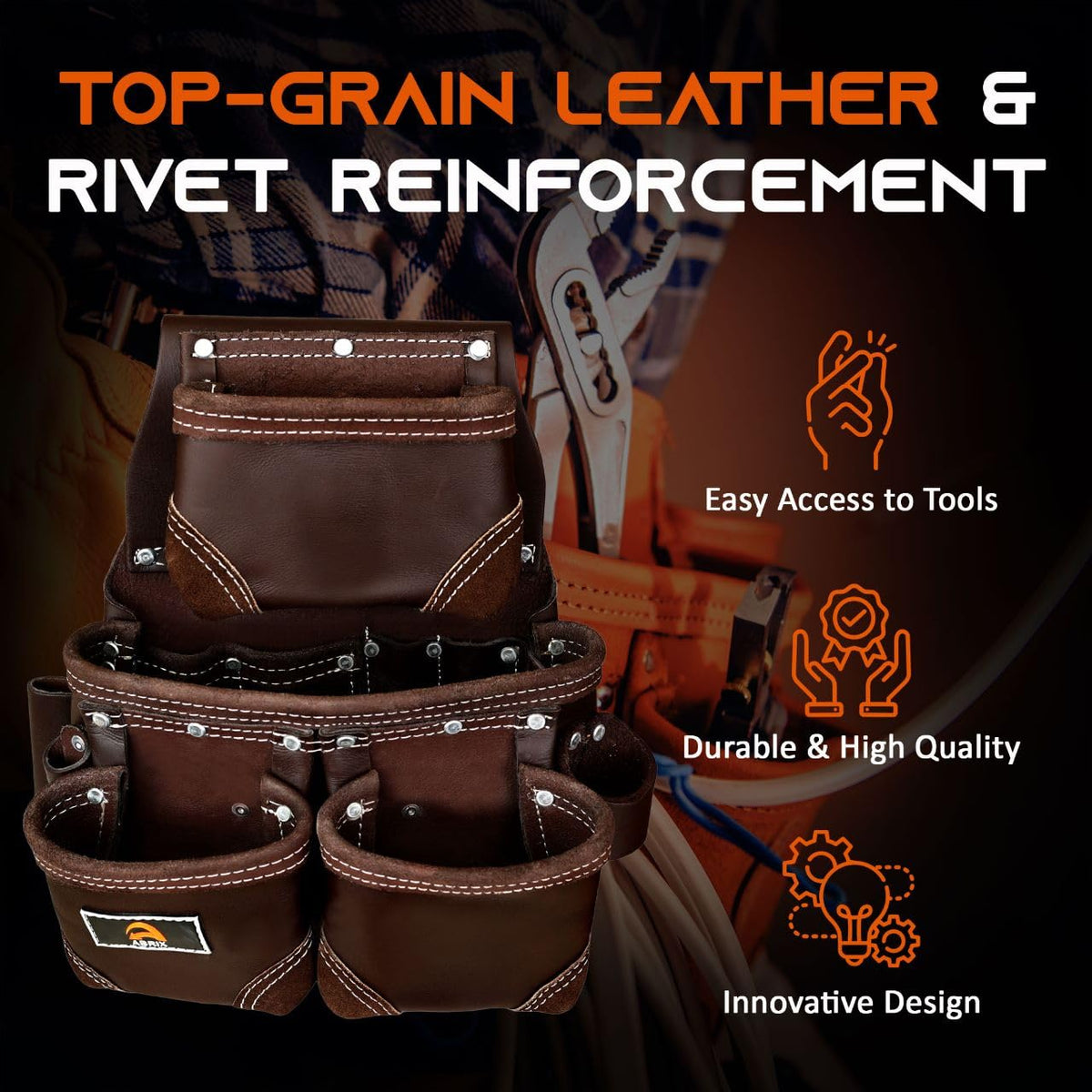 ABRIX Heavy Duty Tool Belt for Men – 4MM Thick Genuine Leather, Brass Buckle & Rivets | Foam Padded Comfort | 28-Pocket Carpenter & Framing Rig | Fits Waist 32 to 52 Inches | Professional Work Belt