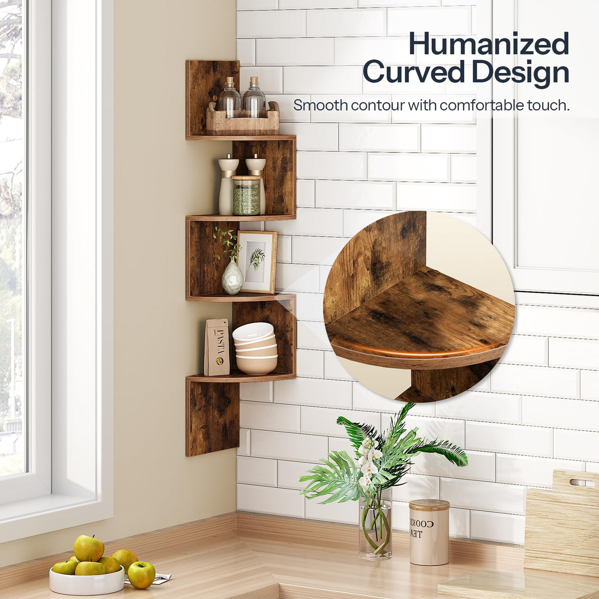 HOOBRO Corner Shelf Wall-Mounted, Set of 2 Floating Corner Shelves for Wall, 4-Tier Corner Bookshelves for Living Room, Bedroom, Bathroom, Home Office, Rustic Brown BF25BJP201