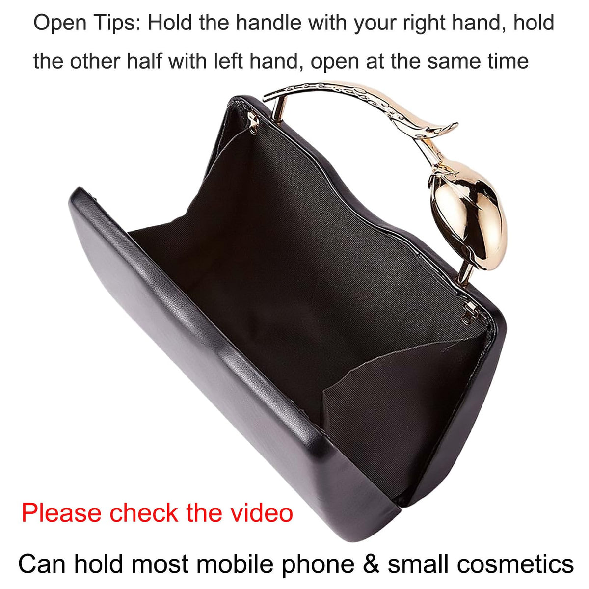 louceko PU Leather Handbag Detachable Chain Crossbody Shoulder Evening Bag Clutch Purse for Women Formal Wedding Party Prom, Metal Rose Handle, Black, 2510