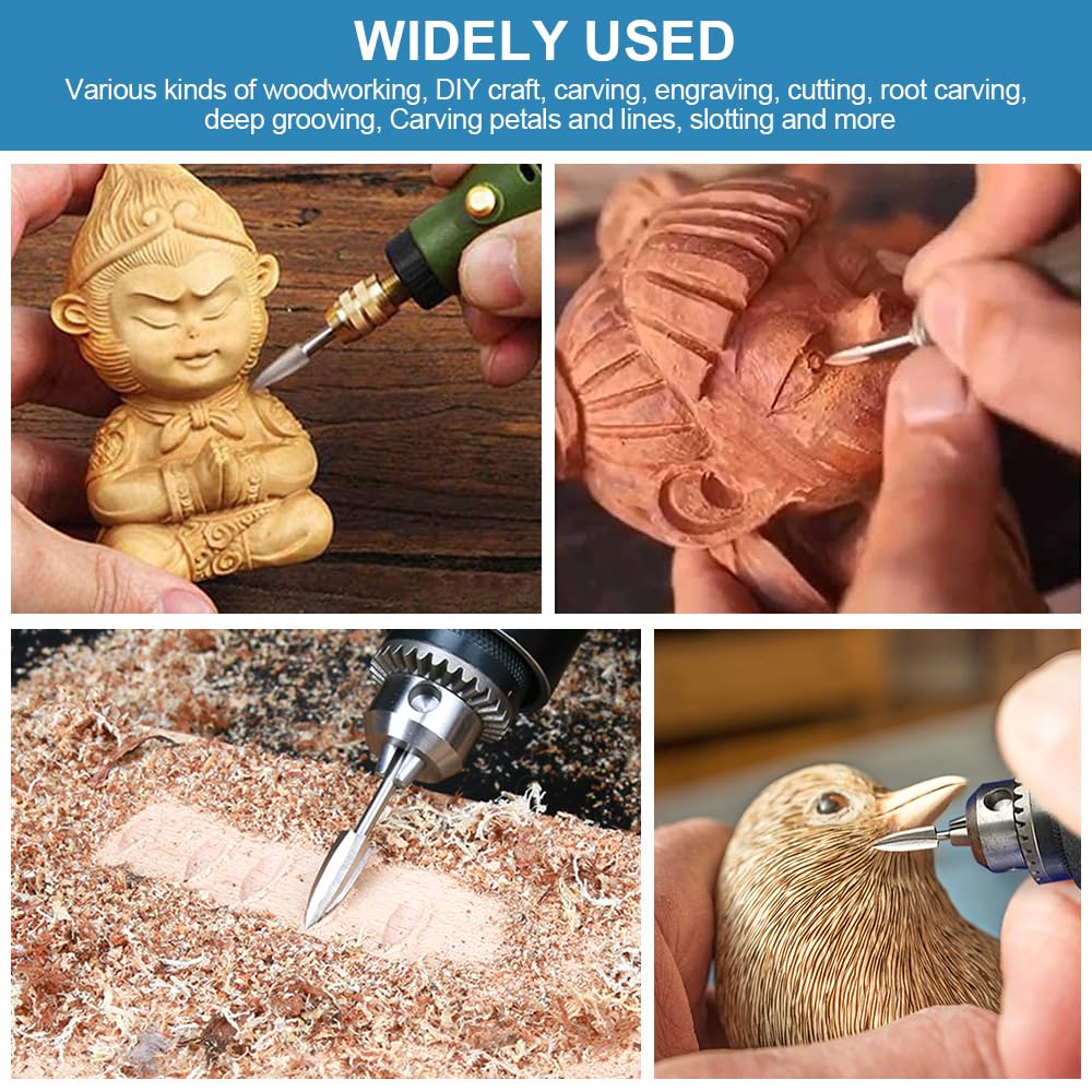 Wood Carving Tools for Rotary Tool, 5 PCS HSS Woodworking Tools Engraving Drill Bit Set Wood Crafts Grinding Tool Universal 1/8” Shank for DIY Carving Drilling Micro Sculpture