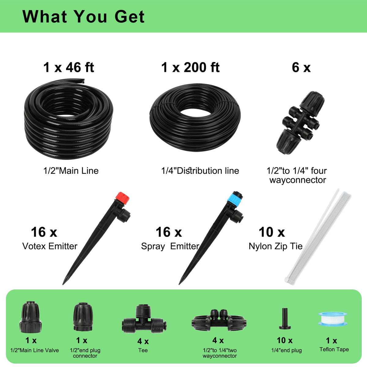 250FT Drip Irrigation System Kit, 50FT 1/2" Main Tube & 200FT 1/4" Tubing, Quick Connect Design, Brass Splitter, Adjustable Emitters & Misting Sprayers for Garden, Lawn, Raised Beds, Outdoor Plants
