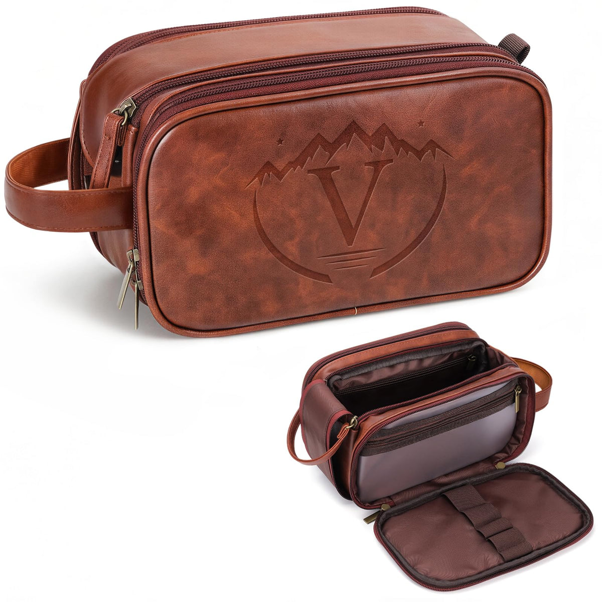 Ecttunafe Engraved Father Day Gifts Toiletry Bag for Men Dad Husband, Custom Initial PU Leather Waterproof Toiletry Organizer Dop Kit Shaving Bag Travel Essentials, Large, Durable, Brown,V