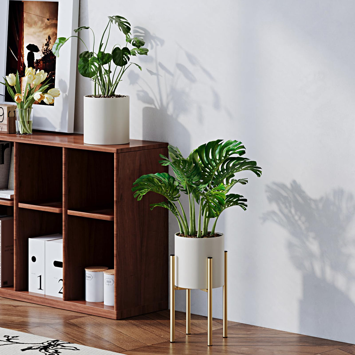 Rioneta Metal Plant Pot with Adjustable Stand, Mid Century Modern Planter Holder Capacity of 160LB for 8 to 14 Inch, Living Room Garden Bedroom Office Indoor Outdoor Beige & Golden