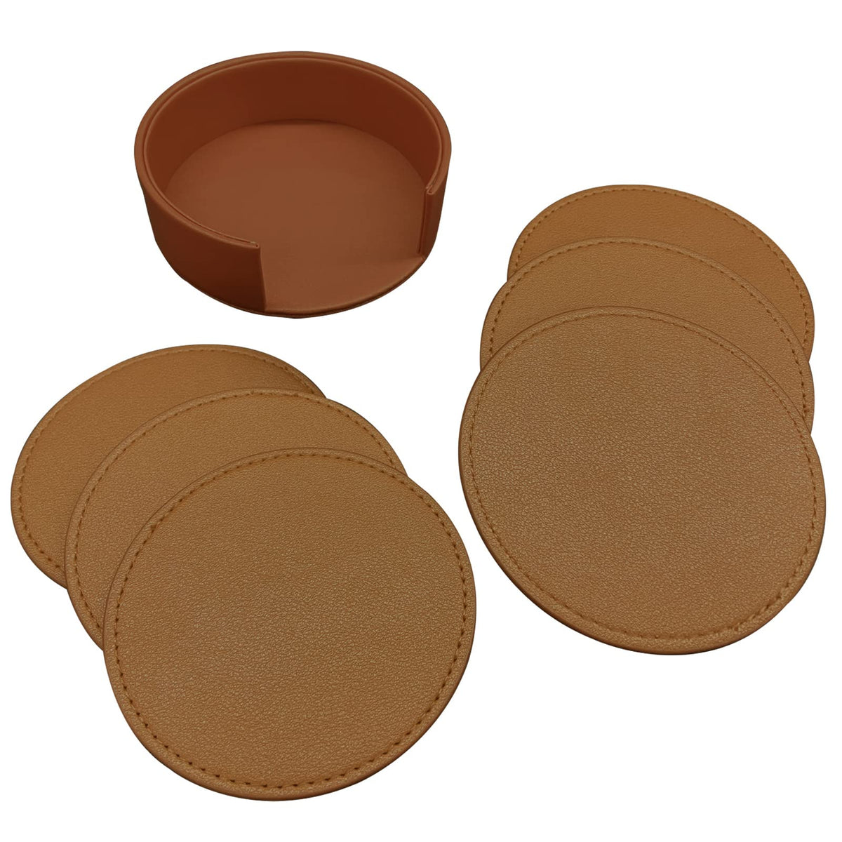 KEMMPER Coasters Set of 6 Soft Leather Drink Coaster Round Coaster with Sewing Around, Suitable for Various Cups, Wooden Tables,Home Decoration,4 Inches(Brown)