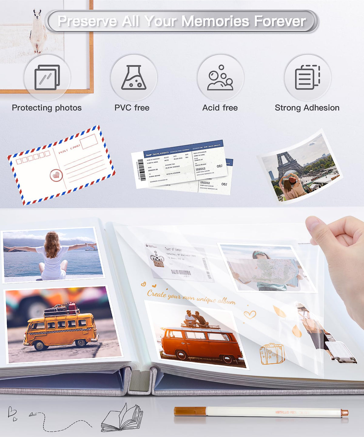 Popotop Photo Album Self Adhesive Scrapbook Album for 4x6 5x7 8x10 Pictures DIY Photo Book as Scrapbooking Supplies Kits, Birthday Gifts for Women Mom Wedding Baby Family Travel