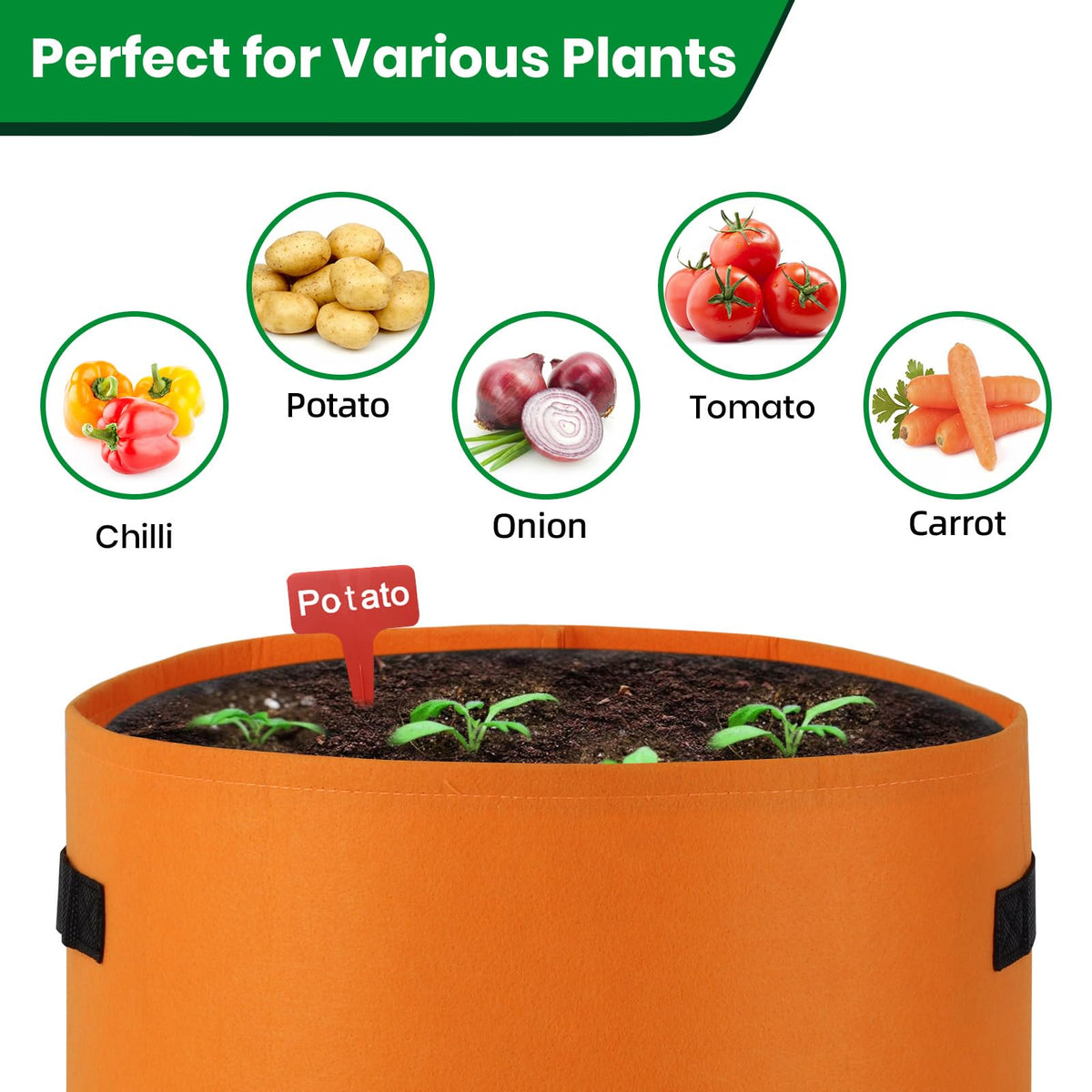 6 Pack Potato Grow Bags, 10 Gallon Planting Bags Large Fabric Pots with Flap Window Vegetable Planter Garden Pot Tall Potato Growing Containers with Handles for Vegetables, Fruits and More, Orange