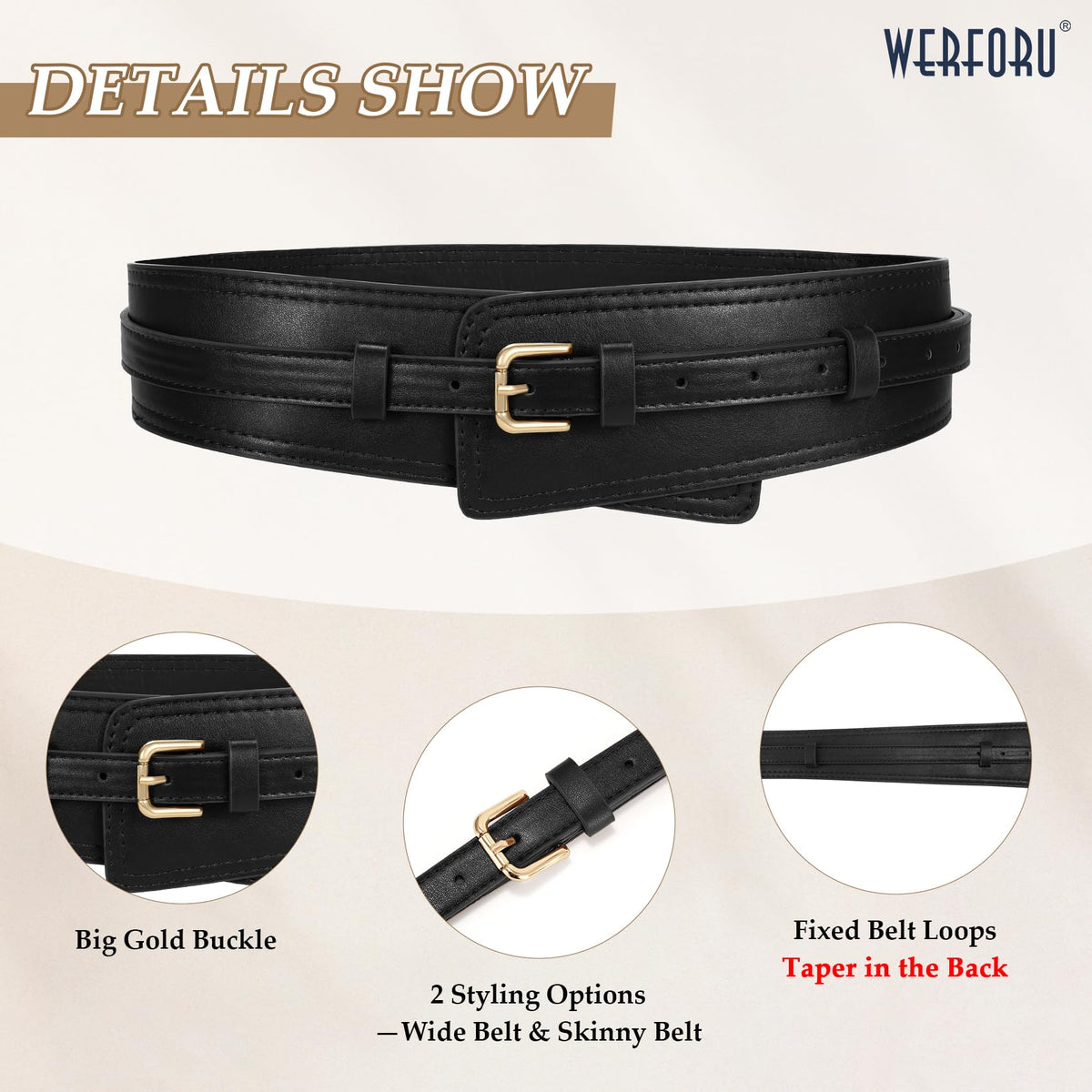 WERFORU Women Wide Waist Belts for Dress Women Fashion Wide Leather Belt 2-in-1 Waistband with Thin Belts for Dress, A-Black-gold buckle, Fit Waist Size 39"-44"