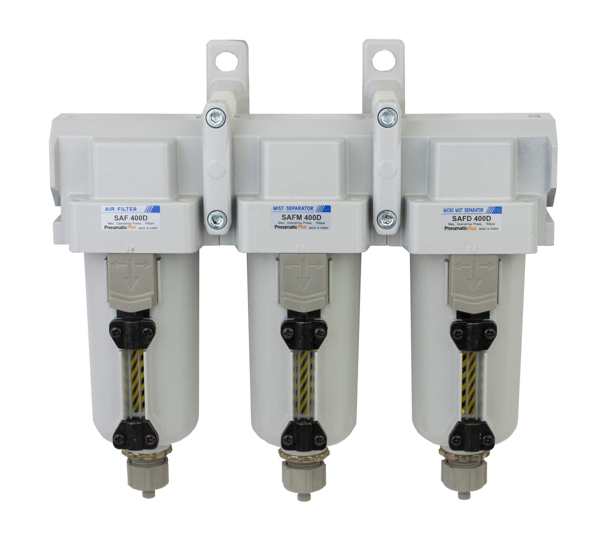 PneumaticPlus SAFU460-N06-MEP Air Particulate (10 µm), Oil Removing (0.1 µm), Coalescing (0.01 µm) Filter Combo, 3/4" NPT, Metal Bowl w/Manual Drain