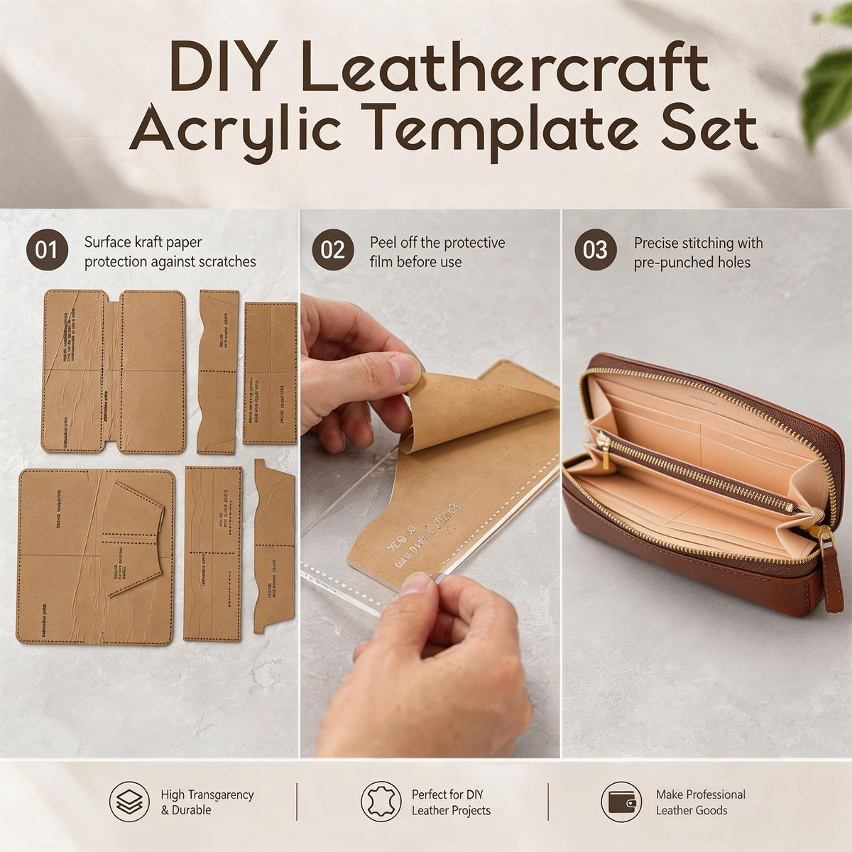 RIVEENY Leather Purse Templates, Acrylic Leather Patterns Templates for Women's Wallet Long Clutch Zip Around Travel Leather Purse