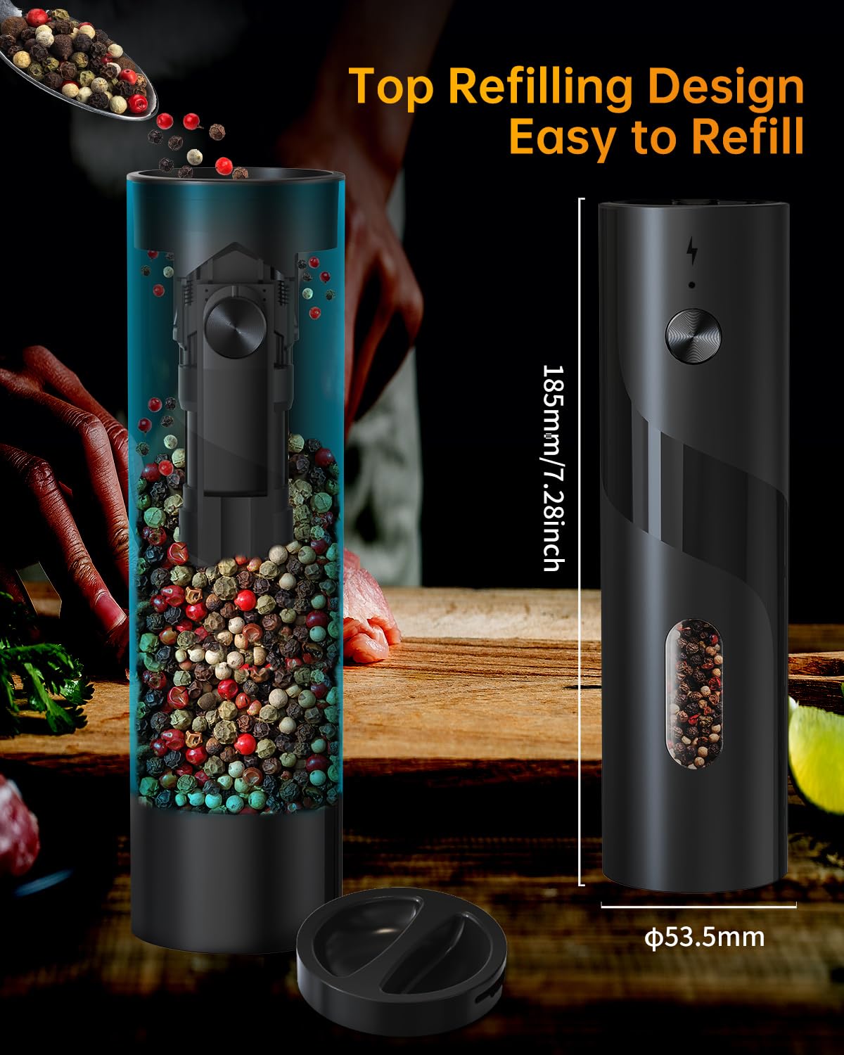CIRCLE JOY Electric Rechargeable Salt and Pepper Grinder Set Top-Refill Automatic Pepper Mill Grinder with Charging Base, Adjustable Coarseness, Easy Filling Larger Capacity with Led for Home Kitchen