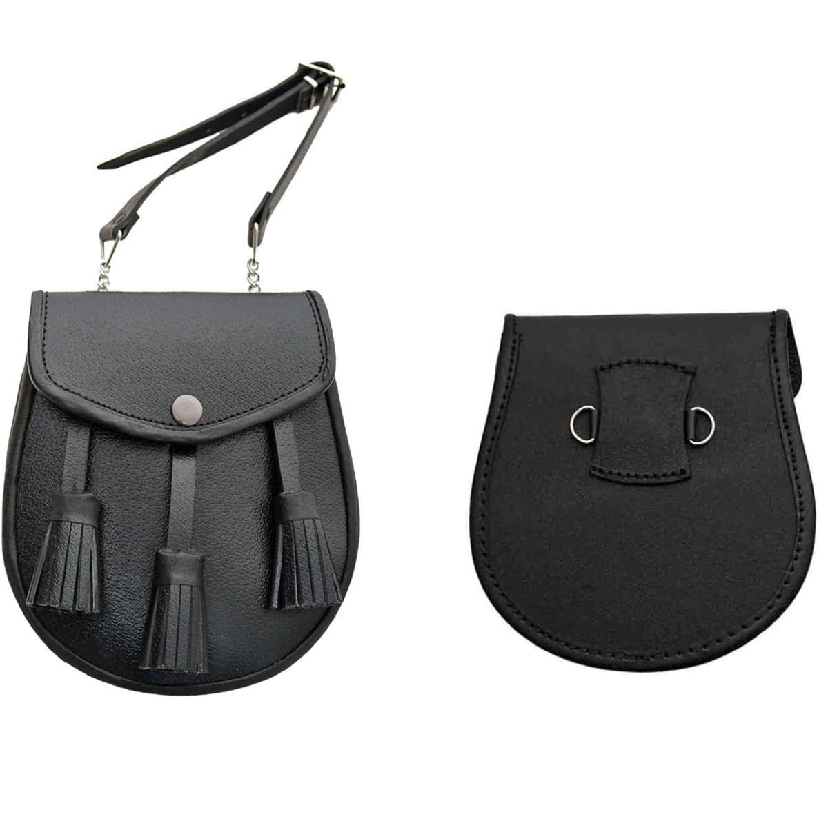 SZCO Medieval Sporran 8 Inch - Black Plain Celtic Style Leather Pouch with Tassels - Scottish Kilt Sporran with Chain Belt for Men - Medieval Bag for Costume & Renaissance Accessories