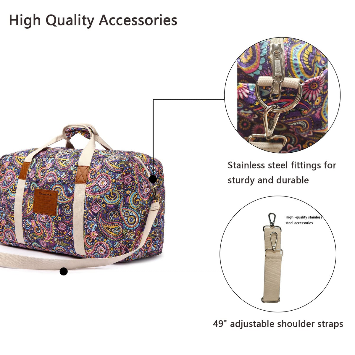 Malirona 22"Canvas Weekender Overnight Bags Travel Duffel Bag Carry On Bag for Women and Girls (Purple Flower)