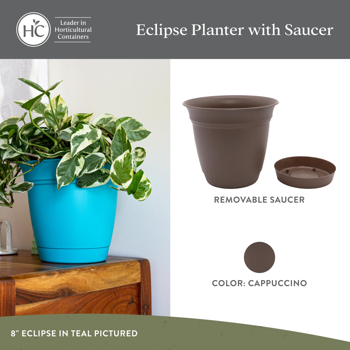 The HC Companies 6 Inch Eclipse Round Planter Pots with Drainage Holes & Attached Saucer, Lightweight UV-Resistant Plastic Indoor & Outdoor Planters, 4-Pack Flower Pots, Garden Home Decor, Cappuccino