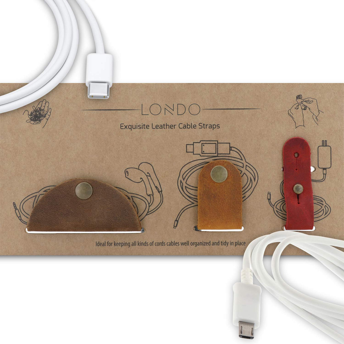 Londo Genuine Leather Headphone Earphone and General Cable Organizer Strap Set