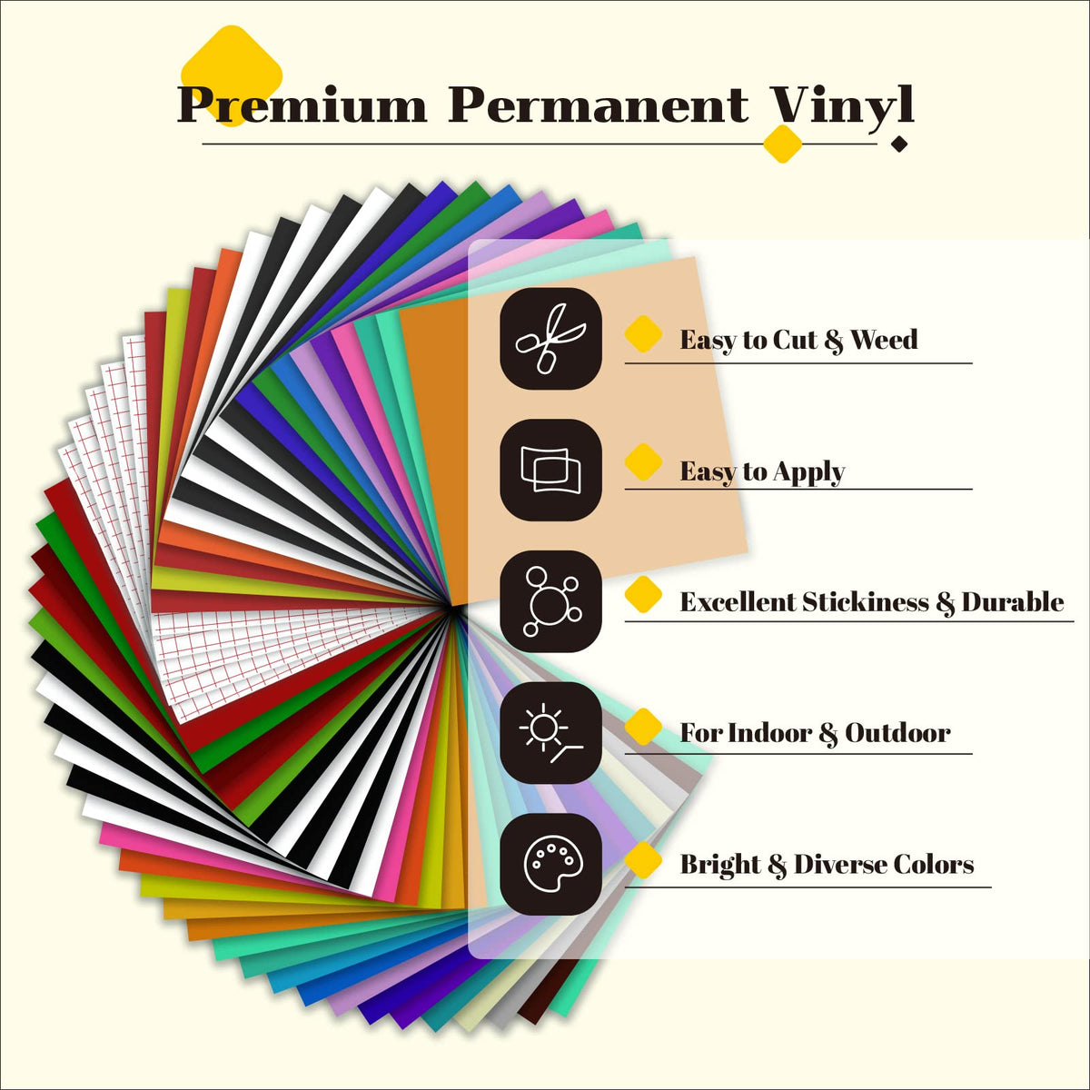 HTVRONT Permanent Vinyl - 57 Pack 12" x 12" Permanent Adhensive Vinyl Bundle Compatible with Cricut Cutting Machine, 52 Adhensive Sheets and 5 Transfer Tape Sets for Party Decoration, Stiker