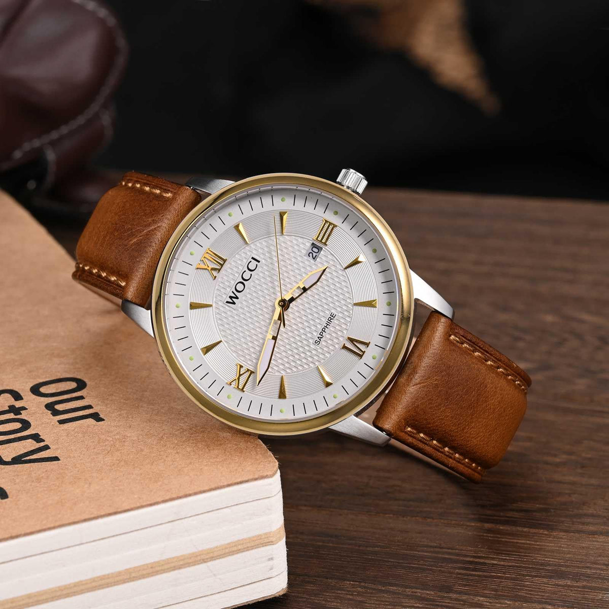 WOCCI 20mm Watch Band for Men and Women, Genuine Leather - Top Grain Leather, Quick Release Strap, Golden Buckle (Golden Brown)