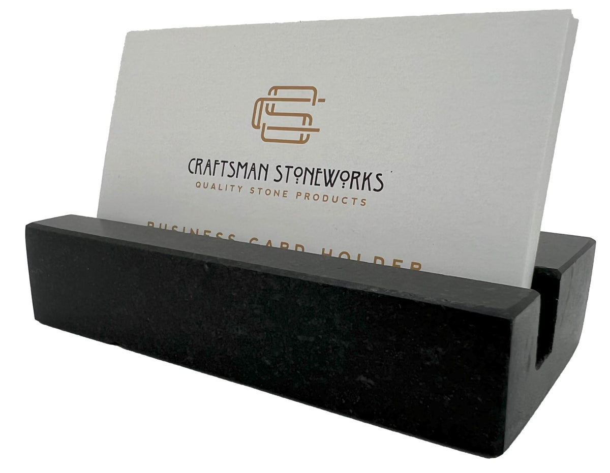 Craftsman Stoneworks Business Card Holder for Desk - Honed Black Absolute Granite Display for Cards, Desktop Business Card Stand for Home or Office. Handmade in California.