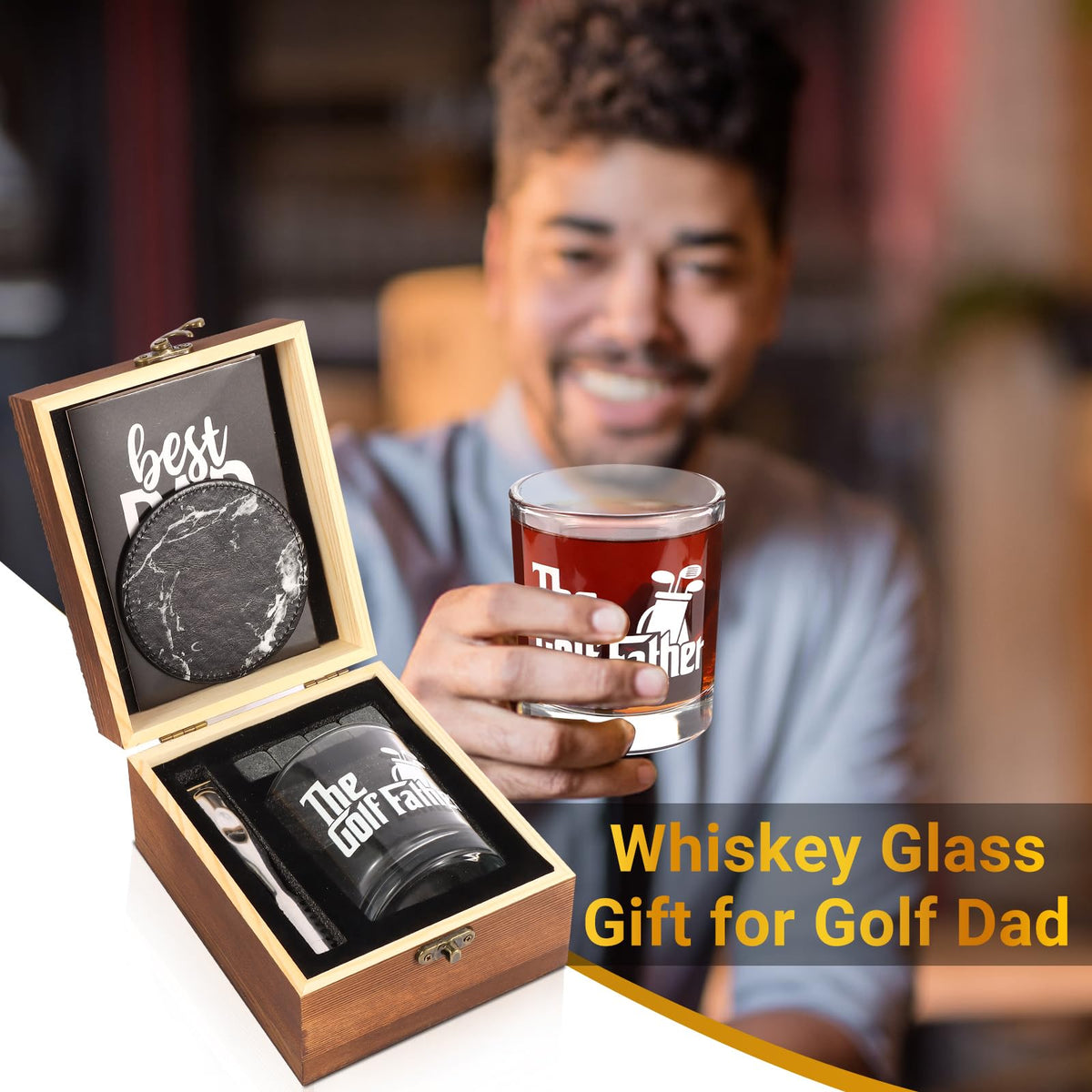 Bayelove Whiskey Glass Gifts for Golf Dad, Best Gift for Men, Gift with 12oz Whiskey Glasses, Stones, Coaster, Wooden Box for Golf-Dad