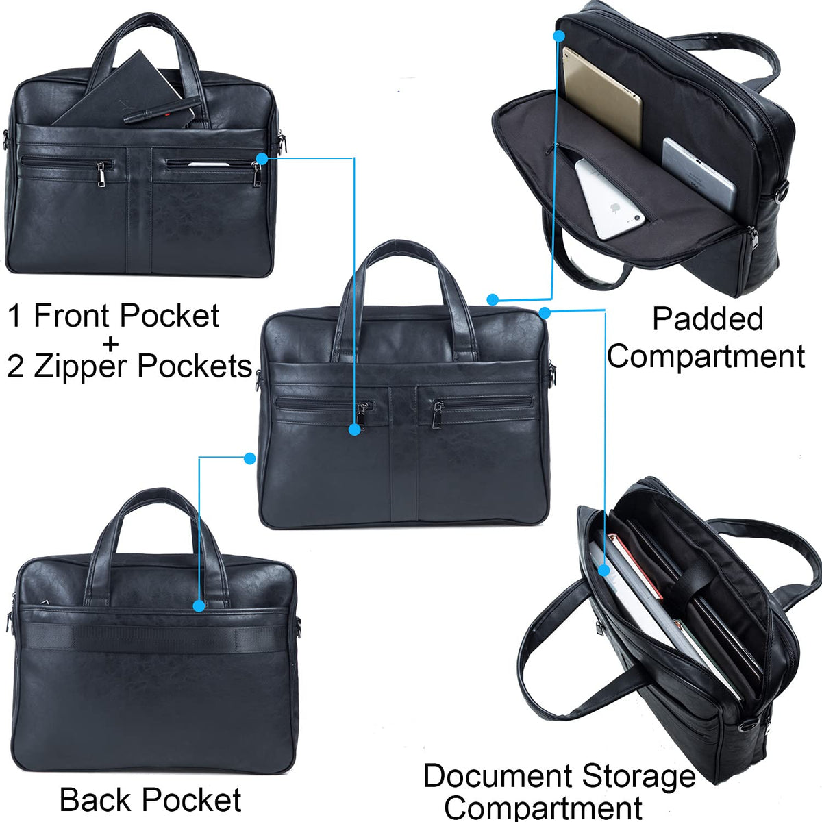 seyfocnia Men's Leather Messenger Bag, 15.6 Inches Laptop Briefcase Business Satchel Computer Handbag Shoulder Bag for Men-Black