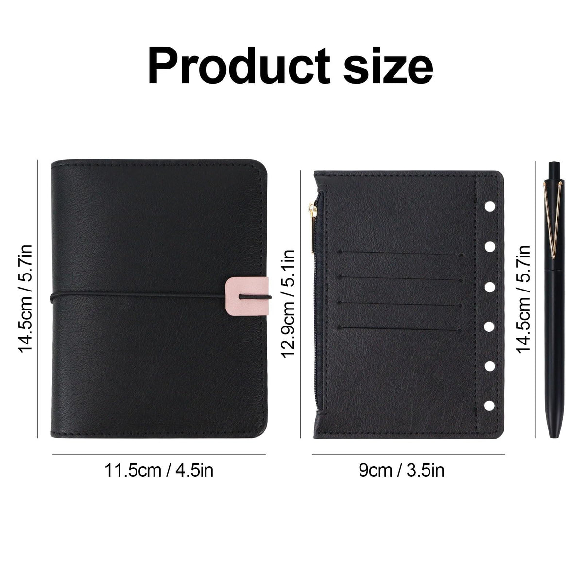 MultiBey A7 Refillable Notebook Planner Cover 6 Ring, Mini a7 Binder Wallet Budget Binder Notebook Folders PU Leather Organizer with Zipper Pockage and Pen, Aesthetic Black Loose Leaf Binder