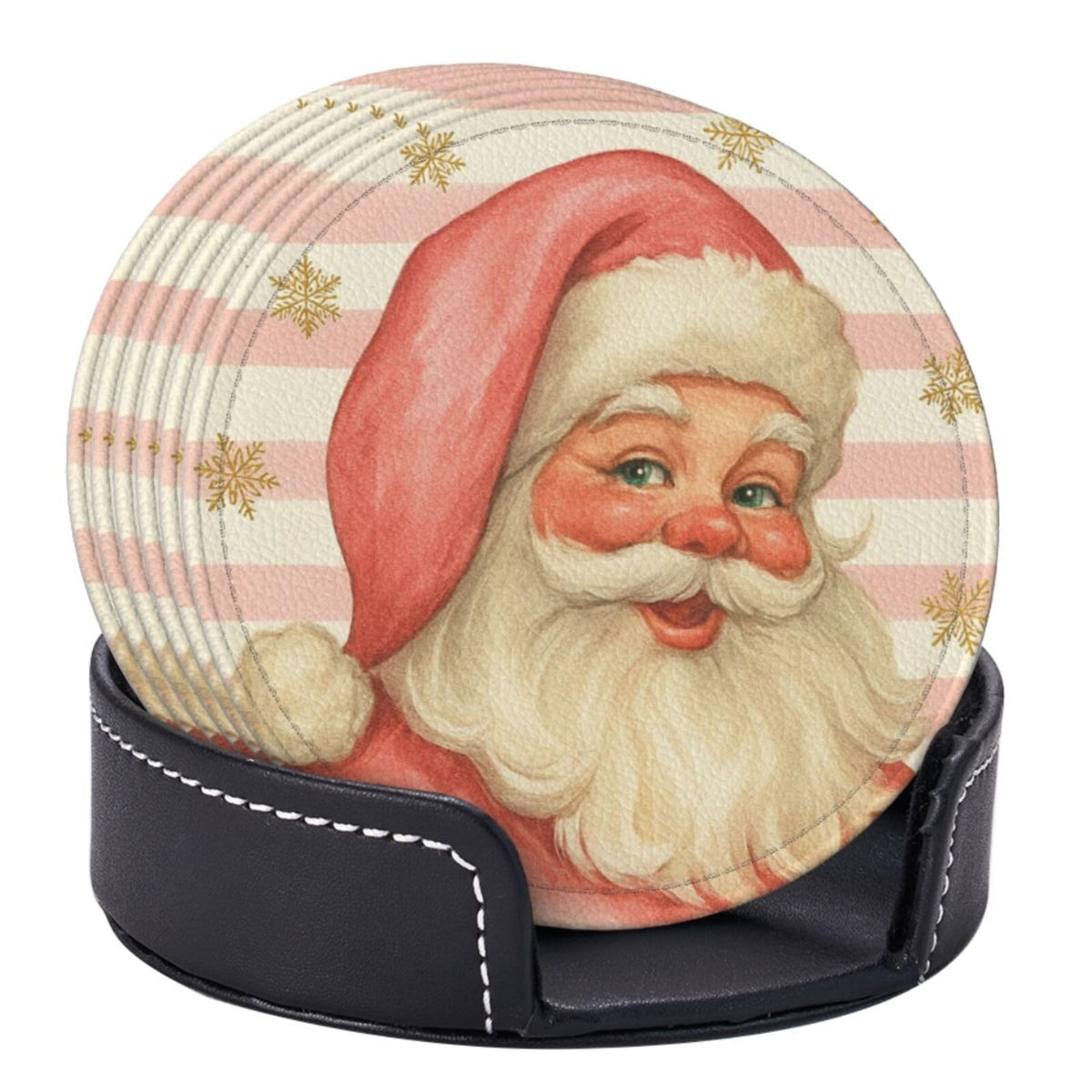 Pink Christmas Santa Claus Striped Coasters for Drinks, Drink Coaster with Holder Set of 6 Round Leather Cup Table Mats for Tabletop Protection Coffee Bar Decor