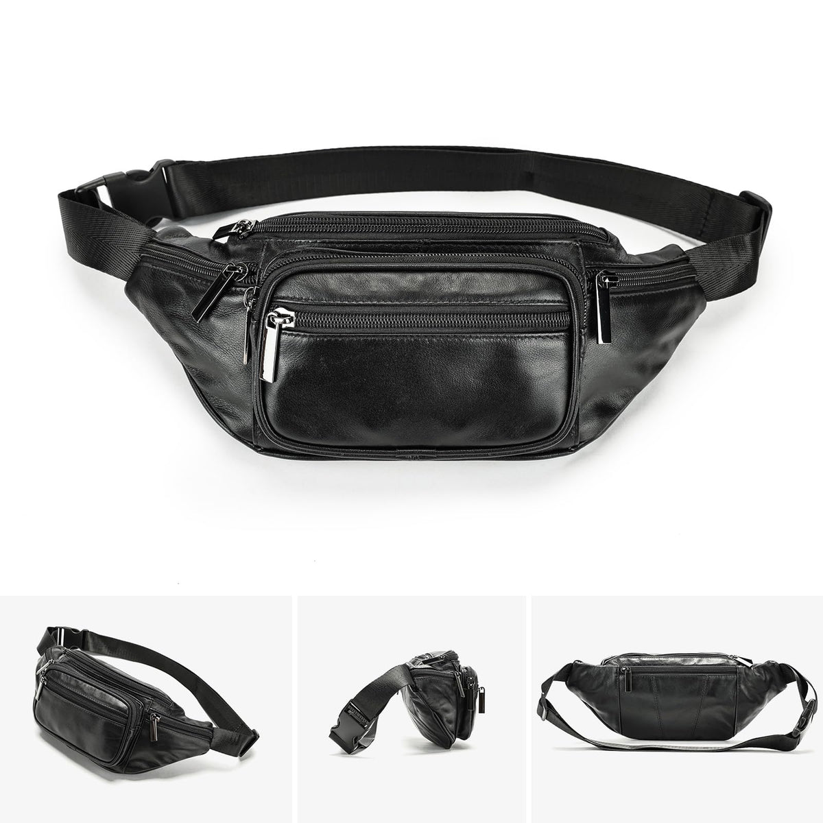 Genuine Leather Fanny Pack Men Women Multi-Pockets sling Waist Bag For Travel Sports Hiking Cycling Fishing Running Black Small