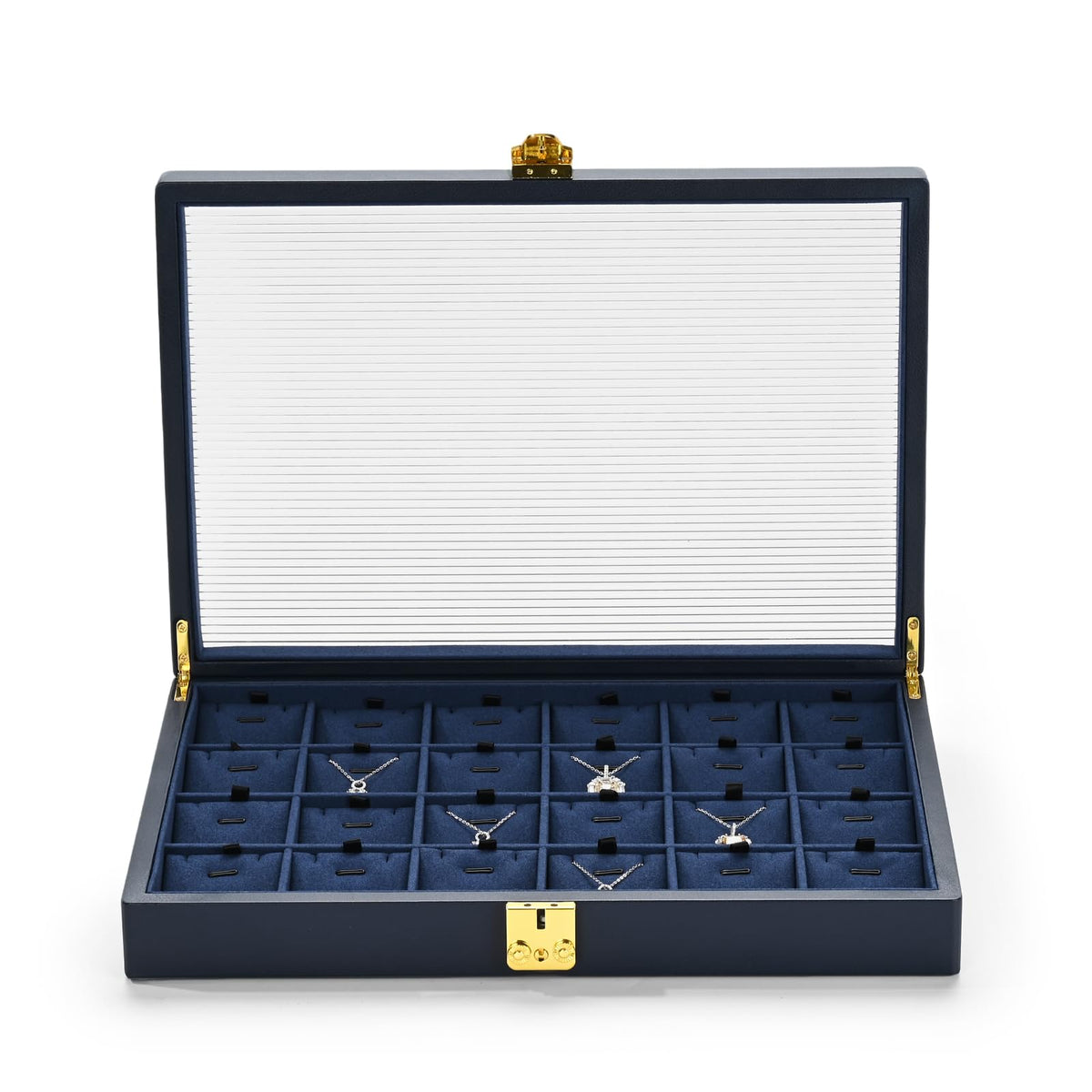 Oirlv Blue Leather Jewelry Organizer Jewelry Tray with Lid Jewelry Organizers and Storage for Drawers Stackable Jewelry Trays Necklace Organizer Hoder for Women Jewelry Organizer with Lock (24 Grid)