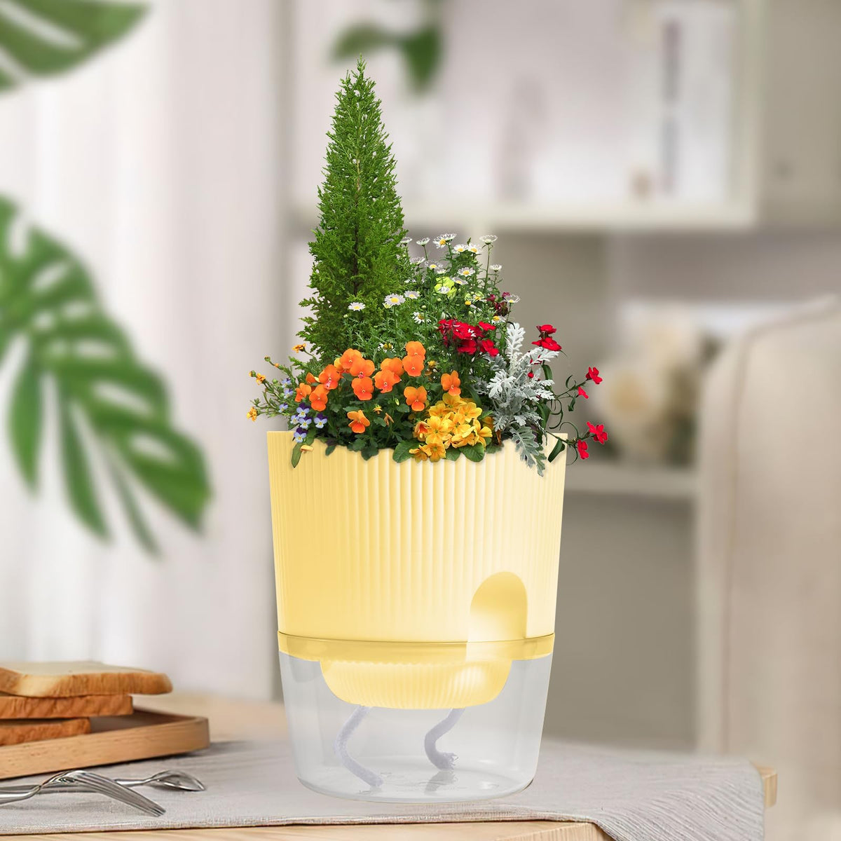 Eurysman 3 Pack Self Watering Planter Pots for Indoor Plants - 5.5 Inch African Violet Pots with Wick Rope - Yellow