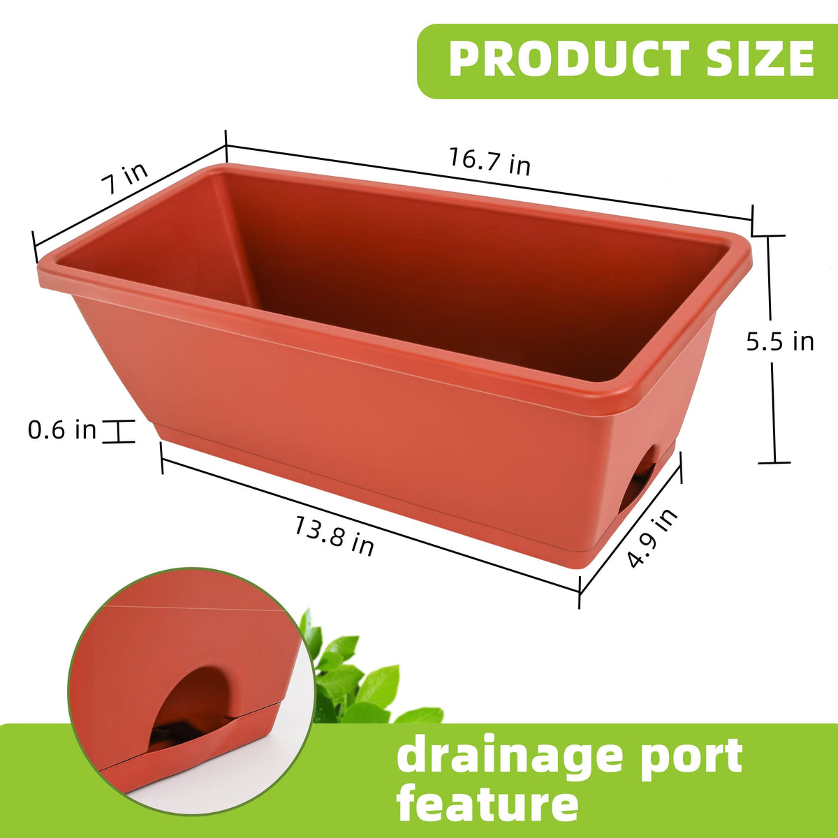 LOCONHA Window Box Planter, Plastic Vegetable Flower Planters Boxes 17 Inches Rectangular Flower Pots with Saucers for Indoor Outdoor Garden, Patio, Home Decor (7, Brick Red)