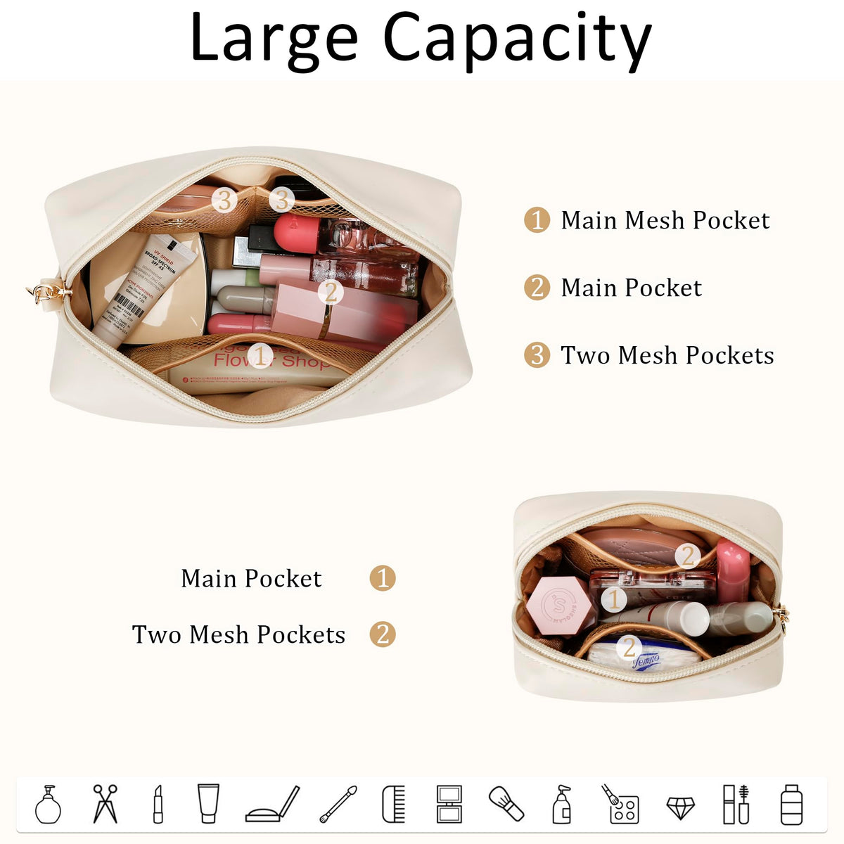 CLOUDWINGS Personalized Birthday Gifts for Women - Initial Makeup Bag Set Travel Toiletry Bag Cosmetic Bags Soft Waterproof PU Leather Makeup Pouch Travel Essentials (C, 2pcs Beige)