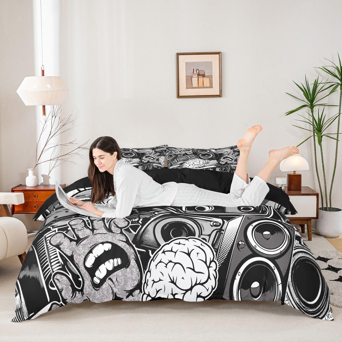 Feelyou Graffiti Bedding Set for Teens Boys Full Rock Music Theme Duvet Cover Set Hip Hop Comforter Cover Set Kids Teenage Street Art Quilt Cover Hippie Room Decor Bedding with 2 Pillow Shams (3Pcs)