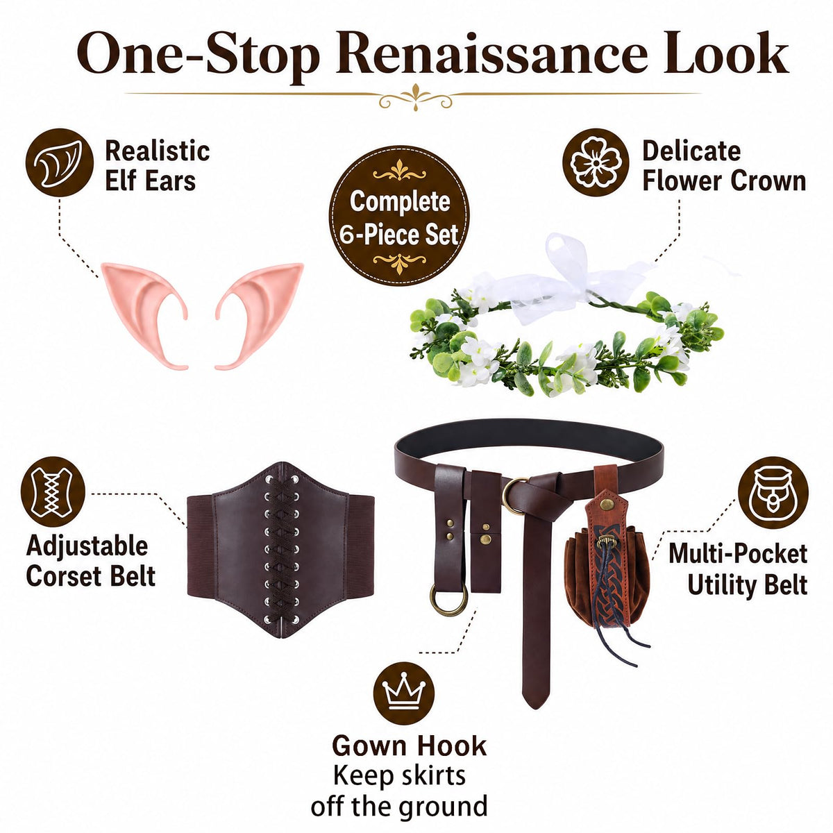 BAROROBA Renaissance Accessories for Women, Medieval Ren Faire Corset Belt Pouch Headpiece Ears Pirate Waist Corset Halloween Viking Cosplay Set