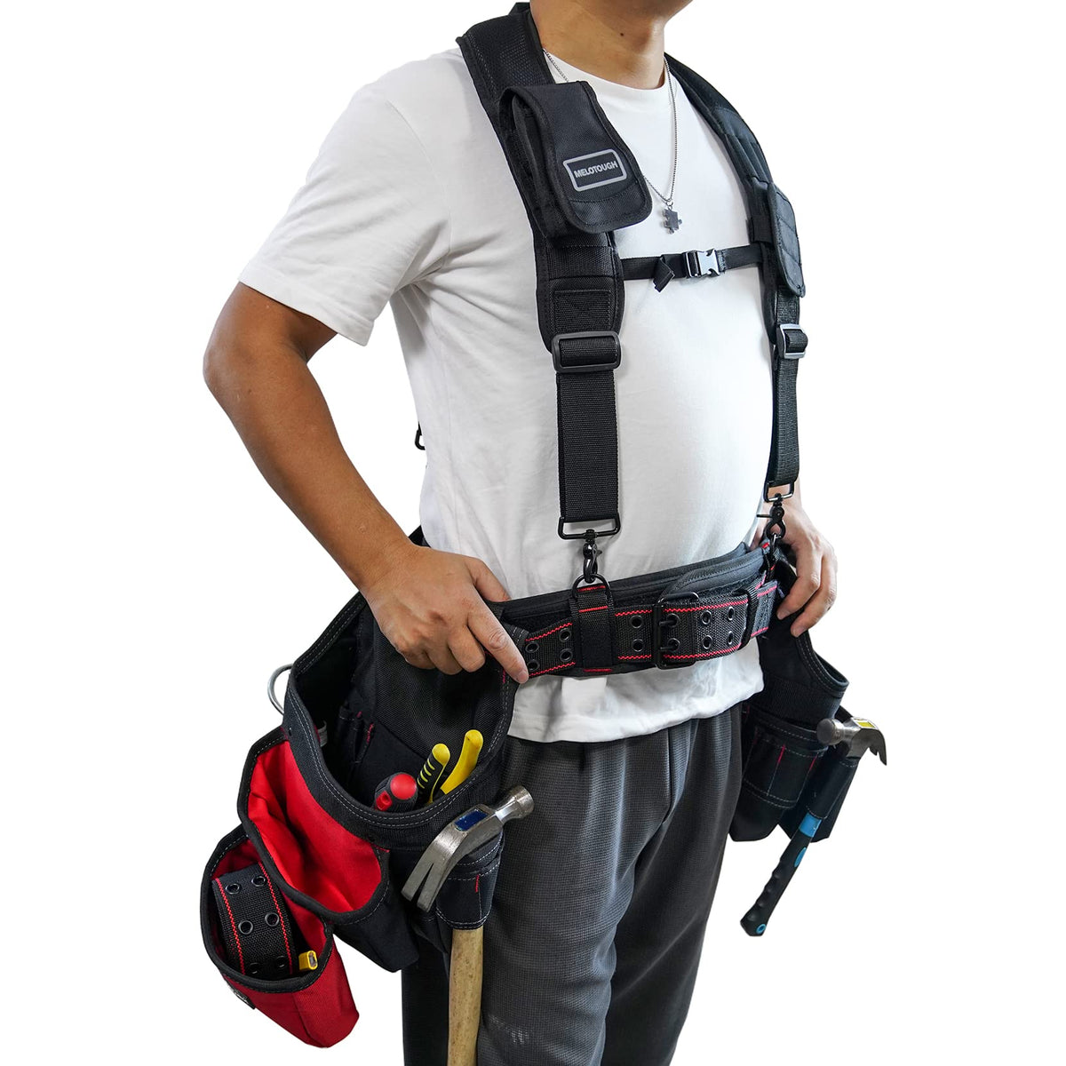 MELOTOUGH Padded Tool Belt with D ring for men construction Strong Durable Double Metal Roller Buckle,adjustable waist 44'-53'thick confortable foam padding (XXL)