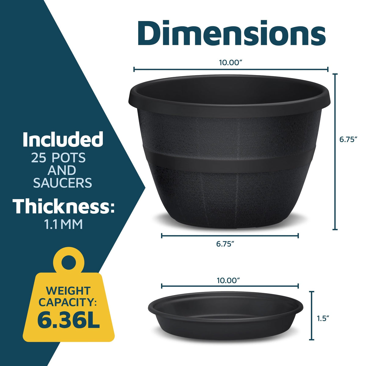 10-Inch Whiskey Barrel Planters Outdoor Pack of 25 - Durable Plastic Plant Pots for Indoor & Outdoor Use with Drainage & Saucer, Lightweight Rustic Barrel Planters for Flowers, Herbs & Small Plants