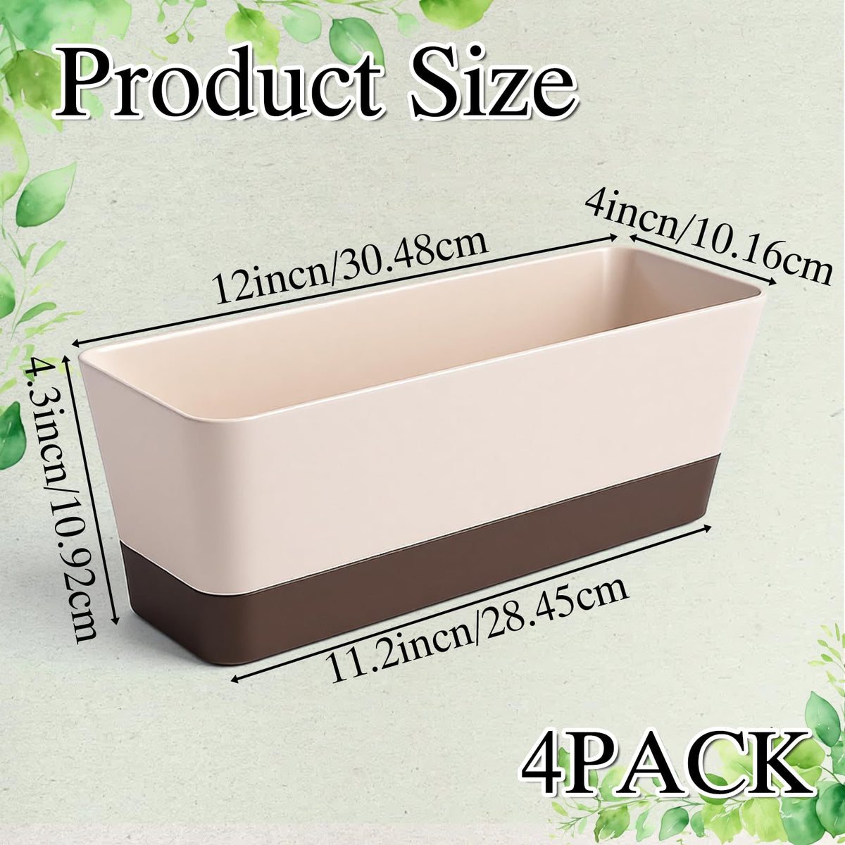 SHENLIU 4 Pack Rectangular Plant Pot, 12 Inch Watering Plant Container with Drainage Hole and Saucers Large Plastic Flower Pots Succulent Window Sill Planter Window Planter Box for Succulents, Flowers
