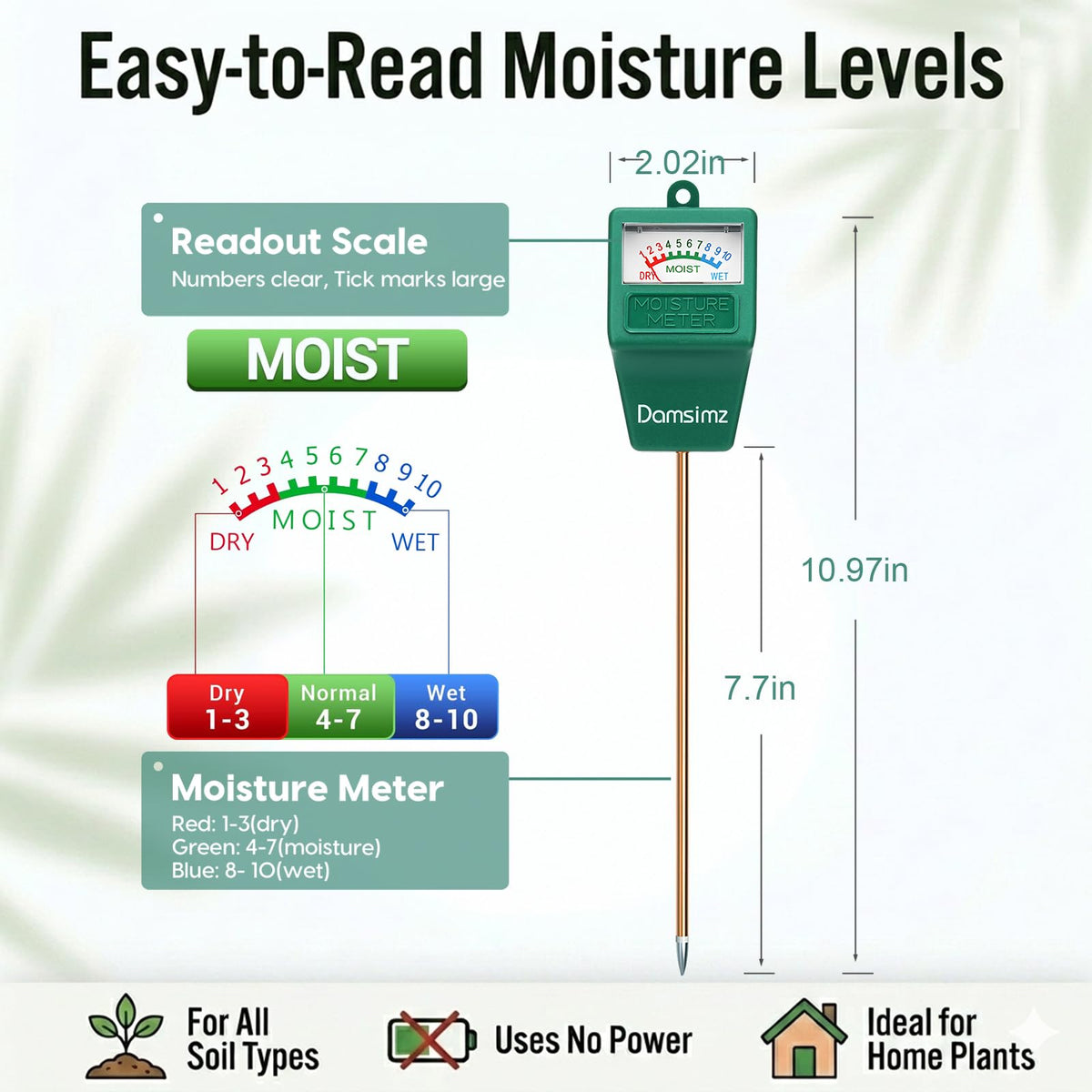 Damsimz 2 Packs Soil Moisture Meter for House Plants, Plant Water Meter, Plant Moisture Meter Soil Tester, Hydrometer for Plants Care, Gardening, Indoor and Outdoor Plants, No Battery Needed