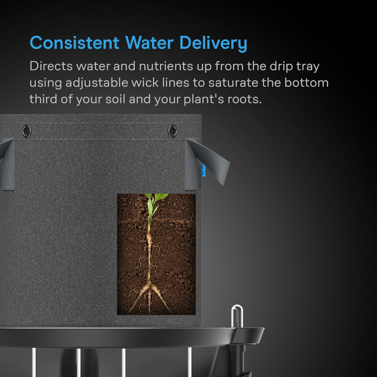 AC Infinity Self-Watering Fabric Pot Base, 4-Pack Auto-Irrigation Water Delivery System with Reservoir Meter, Elevated Plant Saucers for Use in Indoor Grow Tents, Greenhouses, and Outdoor Gardens