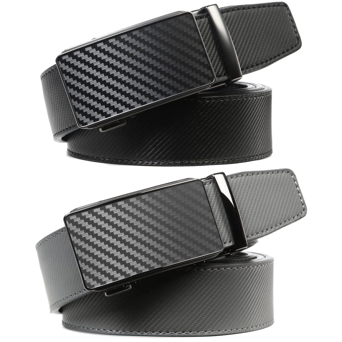 2 Pack Ratchet Belt 1 3/8", Leather Dress Belt with Click Sliding Buckle in Gift Set Box, Mens Adjustable Belt Trim to Fit (Carbon Fiber Black/Gray/Grey, 28"-42" Waist Adjustable)