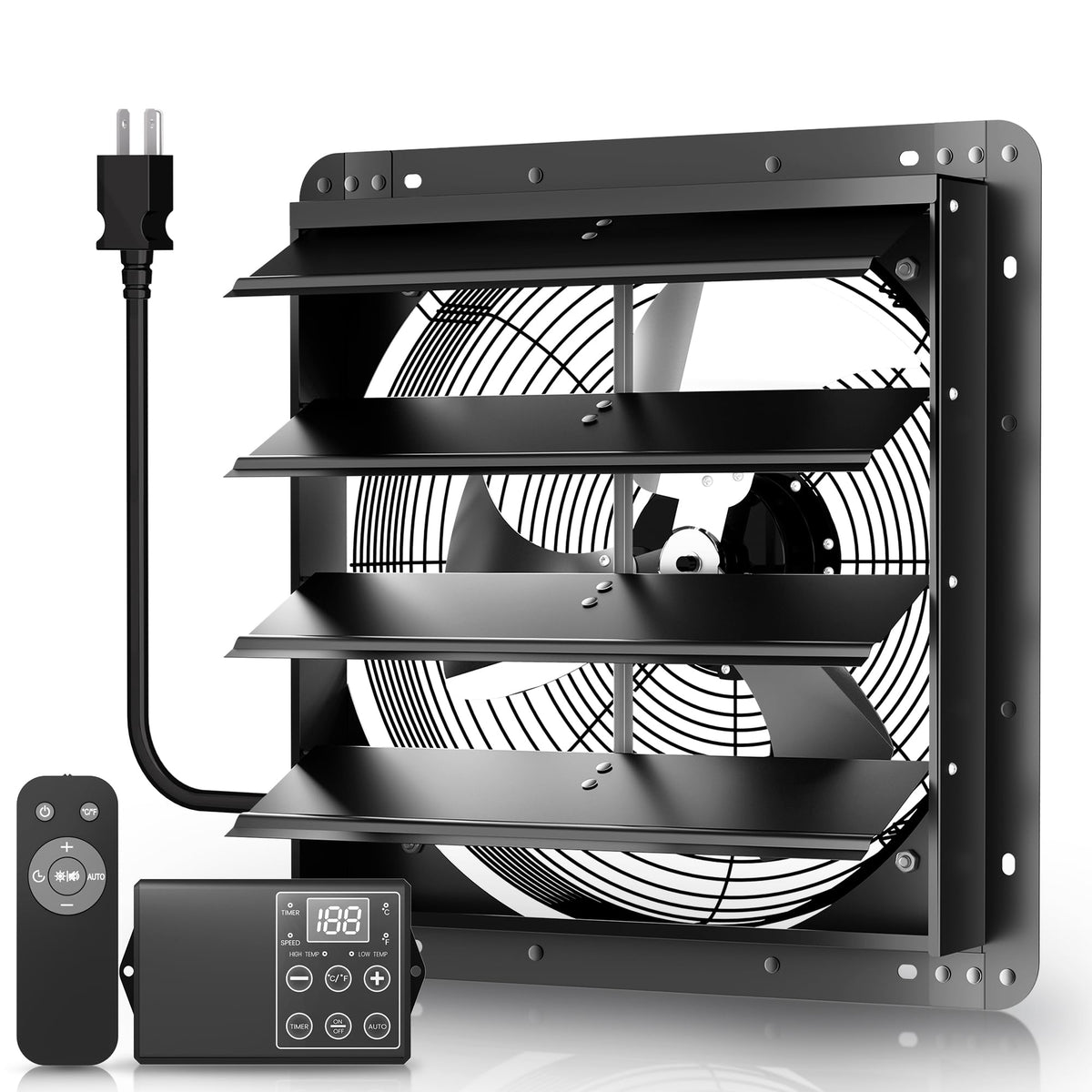 Xcity 12" Shutter Exhaust Fan with 6 ft Power Cord, AC Motor Attic Fan, Smart Speed Remote Control (32.8ft Range), Auto Temp Timer, Vent Fan for Home, Garage, Commercial，Window Ventilation