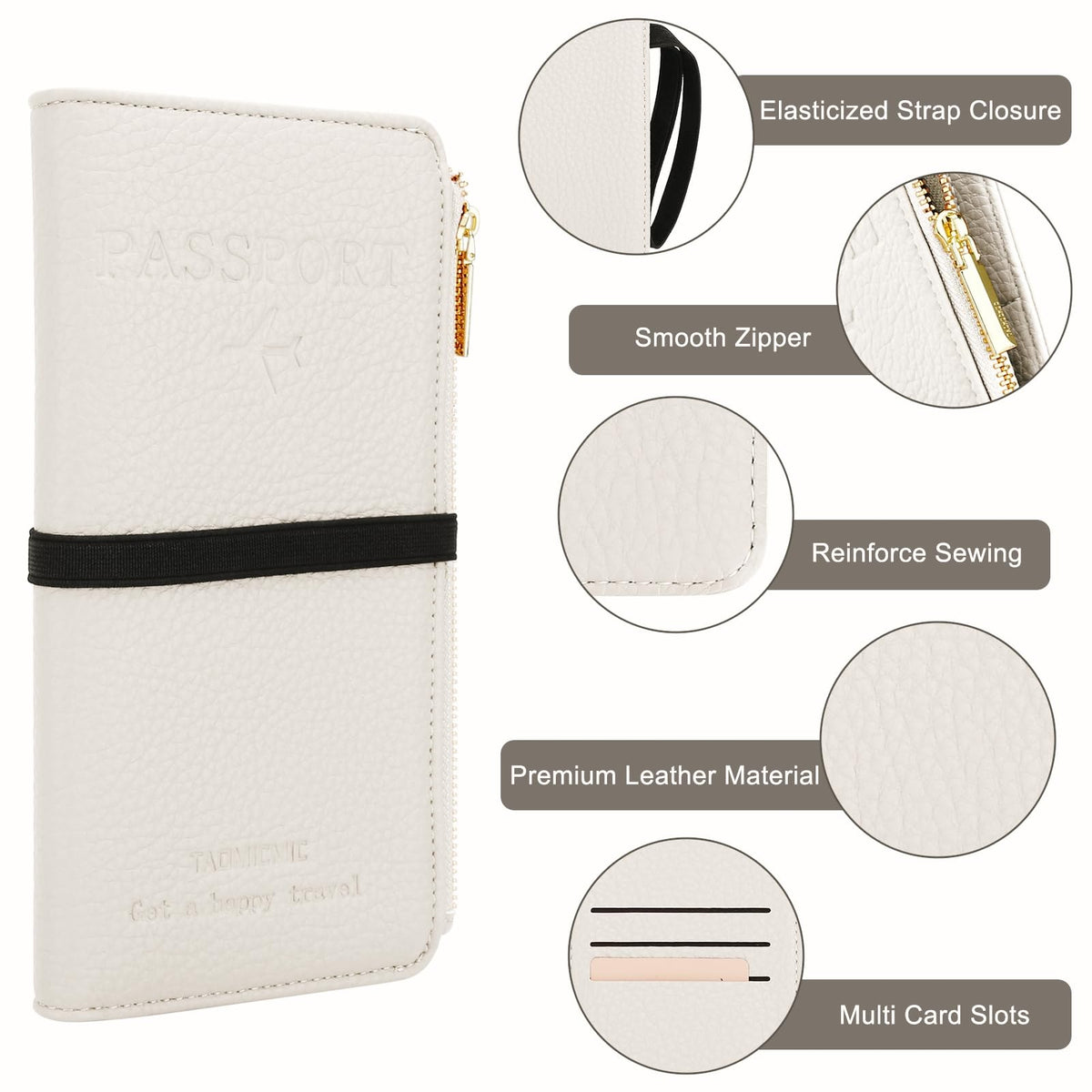 DOB SECHS Passport Holder for Travel Women RFID Blocking Leather Passport Wallet Travel Document Organizer Pouch Bag, Slim Passport Cover Case with Zipper Cash Pocket Purse+Card Slots+ID Window, White