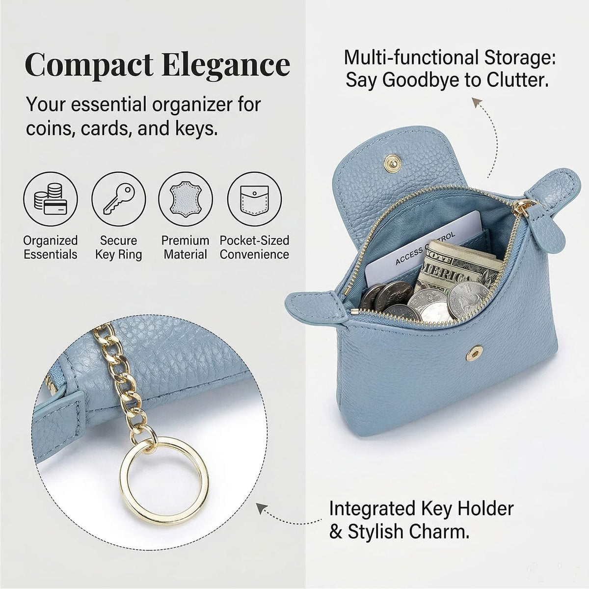 BDHRKTE Women's Genuine Leather Mini Coin Purse and Wrist Bag - Coin Organizer, Change Holder, Card Case, Zipper Storage Bag in Water Blue