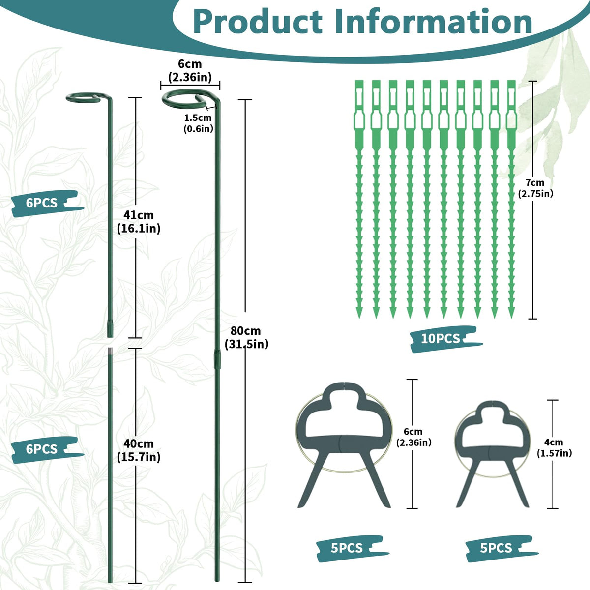 Plant Stakes for Indoor Outdoor Plants, 6 Packs 31.5 inches Plant Support Stakes with Twist Ties and Clips, Climbing Plant Sticks Garden Flower Stakes Support Hoops for Tomato, Pepper, Peony