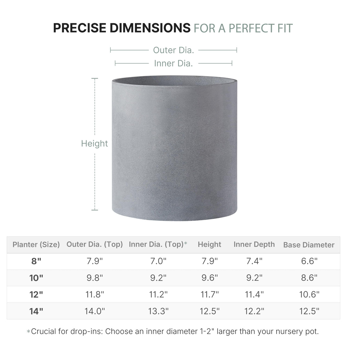 FaithLand 10 Inch Fiberstone Planter - Lightweight Modern Cylinder Plant Pot with Drainage Hole & Plug, Authentic Concrete Look, Gray