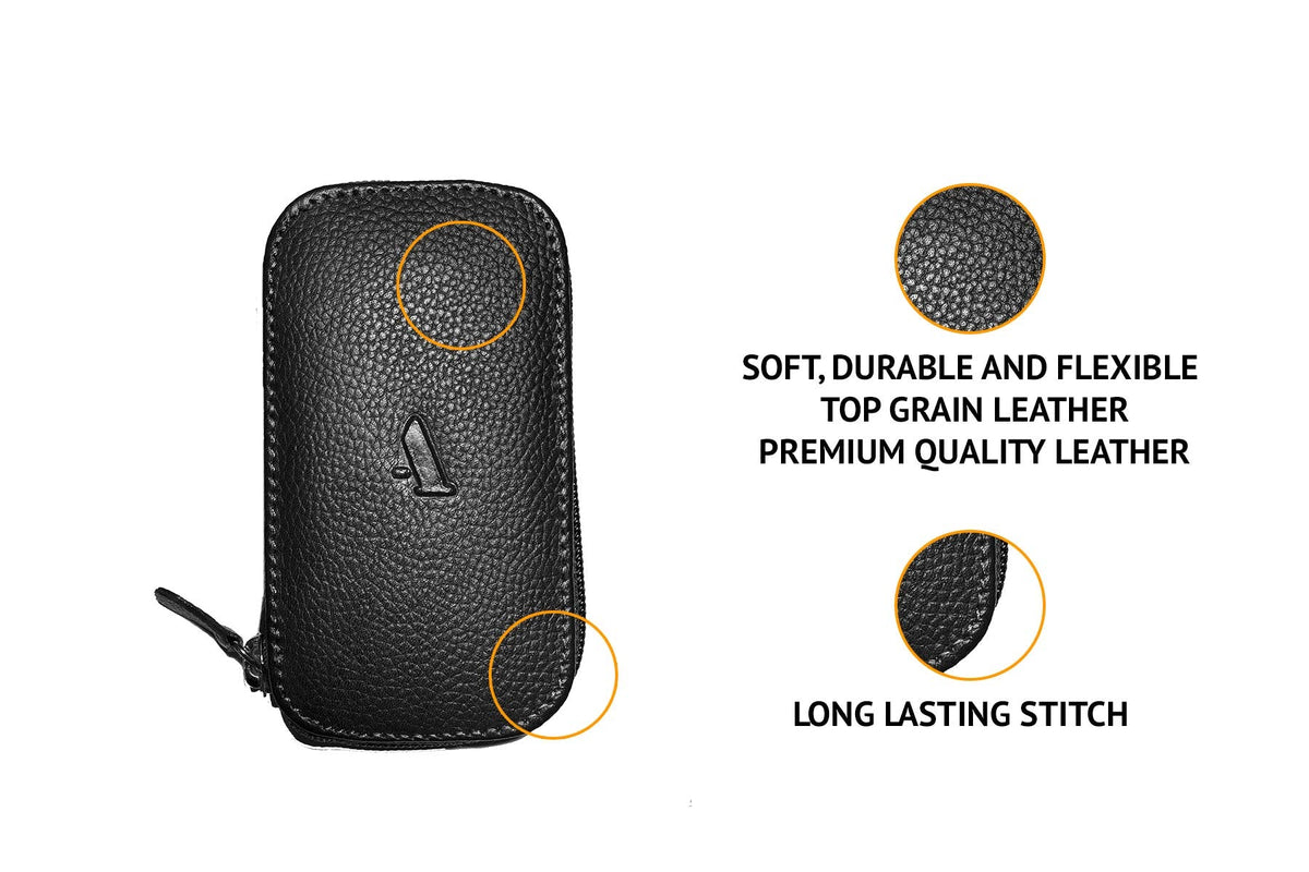 Adamis Full Grain Genuine Leather Keychain Holder Pouch, Key Case, Soft Strong and Compact Organizer and Wallet with Zip Closure for Extra Safety and 6 Key Holder Hooks in Black