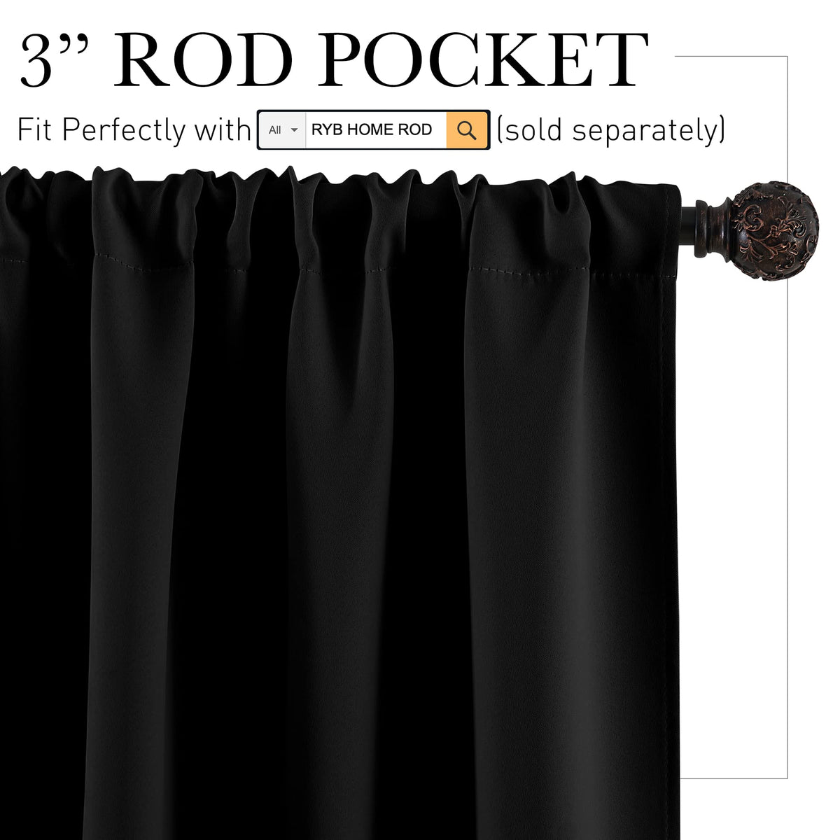 RYB HOME Black Curtains Blackout - Bathroom Small Window Curtains Thermal Insulated Privacy Drapes for Kids Bedroom Living Room Kitchen Basement, Width 42 by Length 36, 1 Pair
