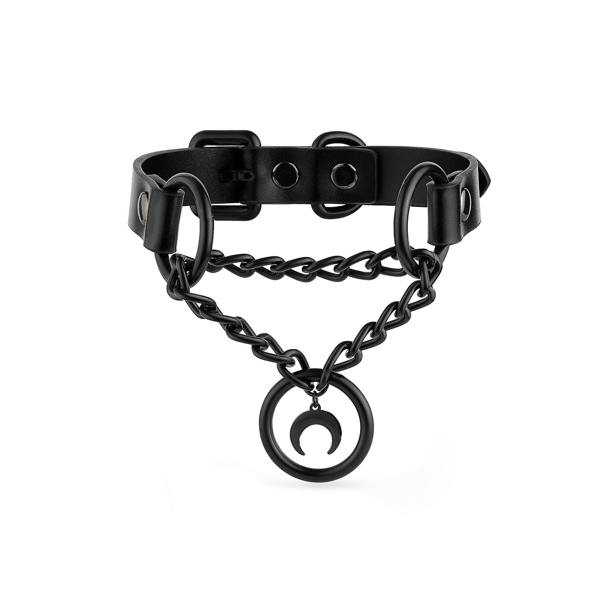 ADEMISHIA Black Gothic Chain Choker with O-ring and Moon Pendant, Punk Grunge Emo Leather Necklace For Women