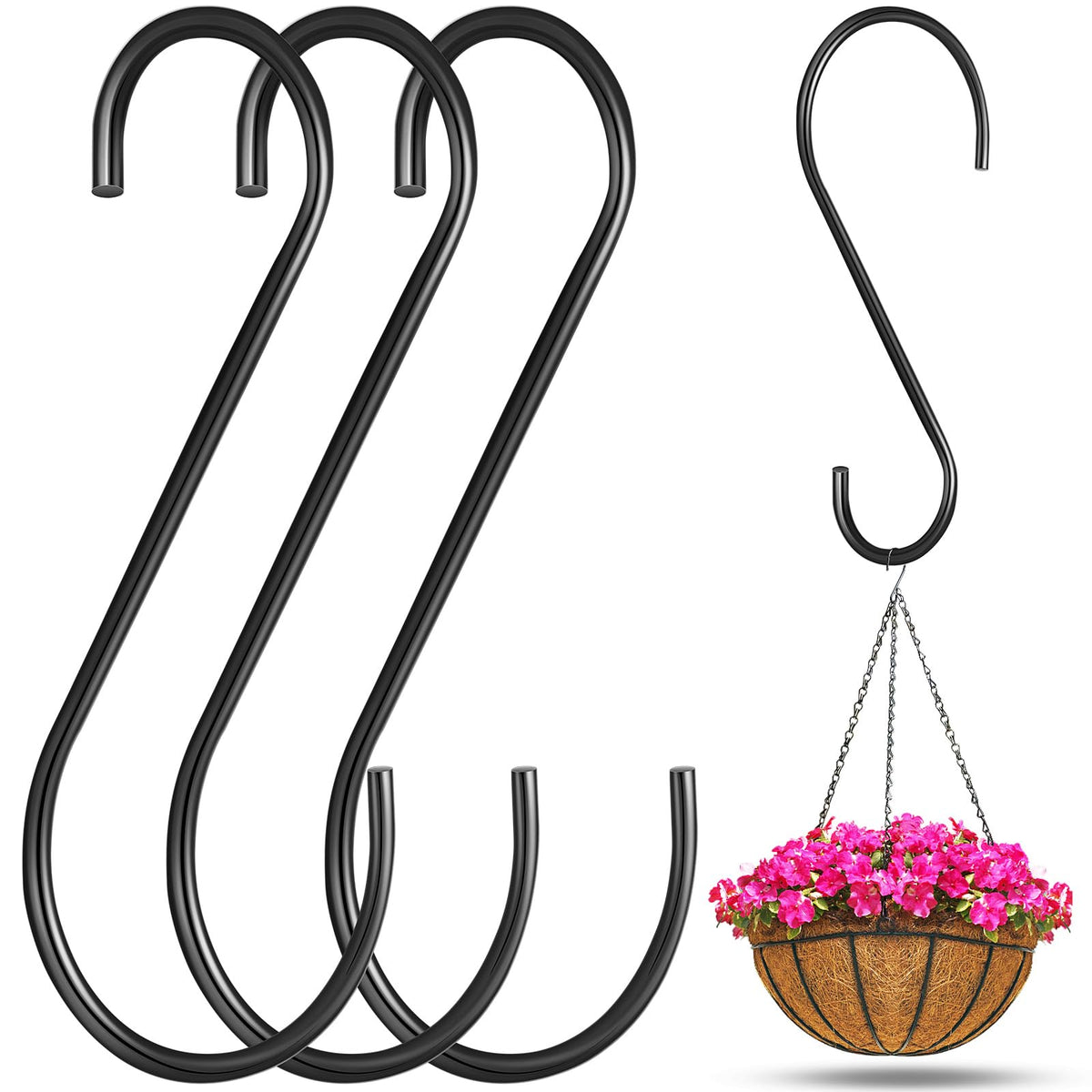 Leriton 3 Pack 12 Inch Large S Hooks for Hanging Plants, Heavy Duty Black Metal Hangers for Pergola Garage Organization Bird Feeders Closet Rod Vinyl Coated Non Slip Utility Hooks