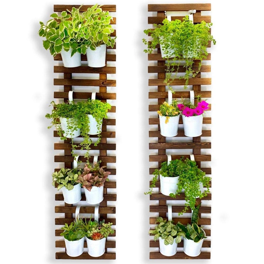 ShopLaLa Bundle - 4 Inch Metal Pots + 2 Wooden Plants Holders, Great Value Pack to Create Vertical Garden, Herb Planters, Green Wall, Vertical Planters