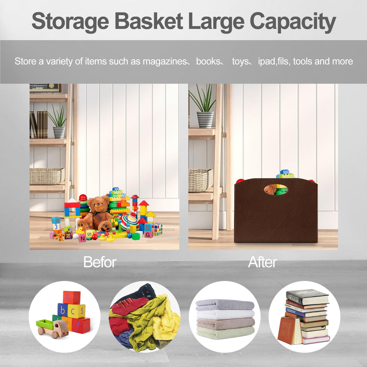 PreTidy Magazine Rack Floor foldable Magazine Holders Basket Organizer Newspaper Storage Bin Organizer for Home Document File Holder brown