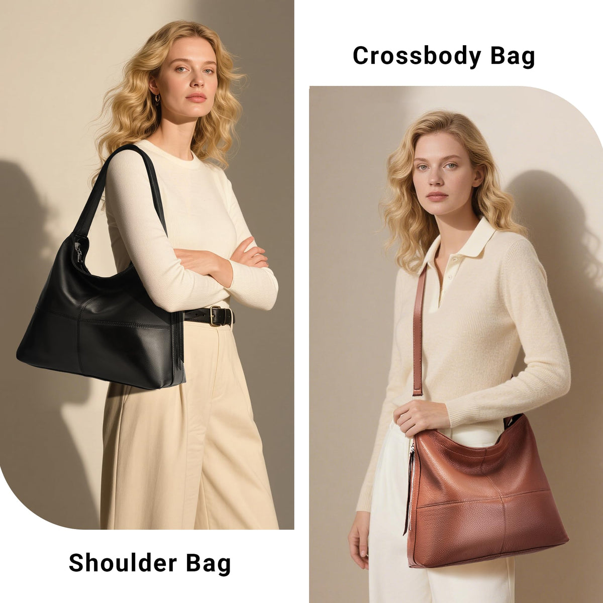 Morriloom Genuine Leather Hobo Bags for Women Crossbody Purses Work Tote Bag Designer Shoulder Handbags with 2 Straps (Black)